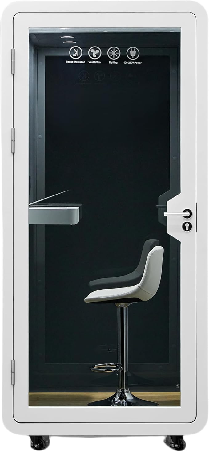 Mobile Office Pod Booth, Solo Soundproof Pod Acoustic Panels, Sound Pod Silent Ventilation, Wheels and Feet, Built-in Table, LED Lighting System, USB Ports White/Smoked Glass