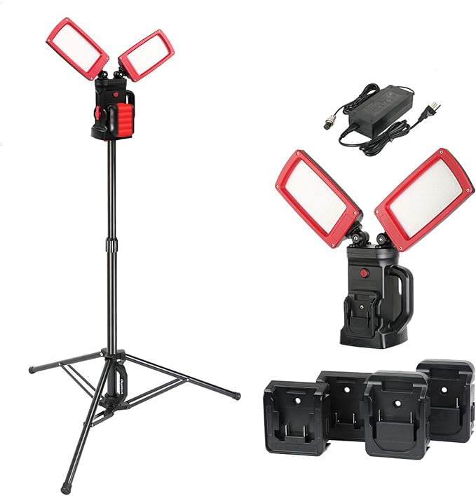 12000LM 85W Corded and Cordless LED Work Light with Tripod, Compatible with MILWAUKEE DEWALT MAKITA 18-21V Battery, Dual-Head Adjustable Jobsite Light, Flicker-Free for Auto Repair Electrical