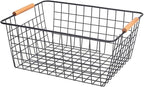 LeleCAT Large black wire basket for Organizing with Wooden Handles,pantry refrigerator organizers and storage,Snack Storage Baskets for Cabinets, Closets, Bedrooms, kitchen -2pack（Black）