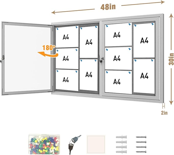 Mifuro 48"x30" Enclosed Bulletin Board, Outdoor Lockable Weather-Resistant Aluminum Cork Noticeboard for School & Office, Silver Frame w/Grey Flet
