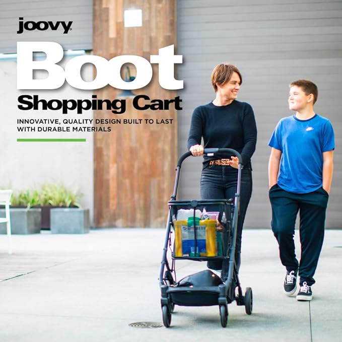Joovy Boot Shopping Cart Featuring 70 lbs Total Weight Capacity, Stylish Removable Tote, Swivel Tires for Easy Steering, One-Handed Compact Fold, and One-Step Parking Brake (Black Frame)