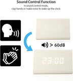 GEARONIC Digital Alarm Clock Wooden Alarm Clock Wood Modern Triangle Alarm Digital Desk Clock, Displays Time Date Temperature Calendar Wood Made Electric Clocks for Bedroom, Bedside - White
