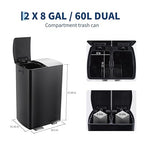 GarveeHome Commercial Dual Trash Can, 16 Gallon Stainless Steel Double Compartment Recycling Bin with Soft-Close Lids, Pedals & Plastic Inner Buckets, 60L Garbage Can for Kitchen, Home, Office, Black