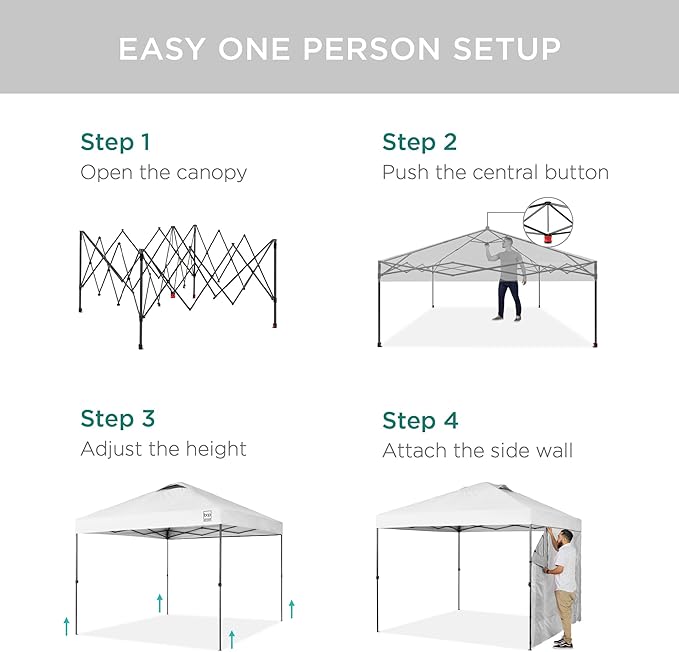 Best Choice Products 10x10ft Easy Pop Up Canopy w/Side Wall, 10 Pockets, Portable Carrying Case, 1-Button Setup, 4 Weight Bags - White