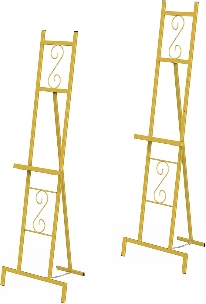 OUSHENG 2 Pack Easel Stand for Sign, Large Wedding Welcome Mirror Holder, Adjustable Free Standing Painting Rack with Chain Support for Display Poster Picture Frame Art, 17" x 17" x 58", Gold