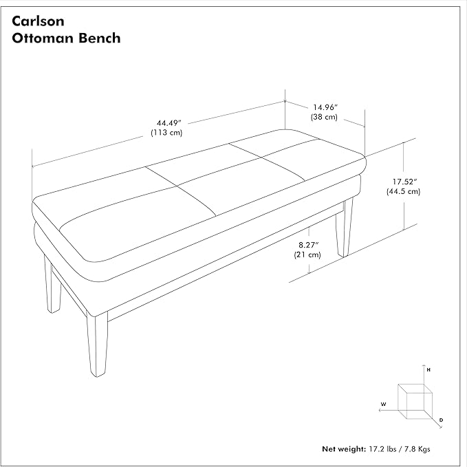 SIMPLIHOME Carlson Ottoman Bench - 45 inch Wide Upholstered Vegan Leather Rectangle Ottoman in Distressed Black, Mid Century Modern Bench for Bedroom, Entryway or Living Room with Padded Seat