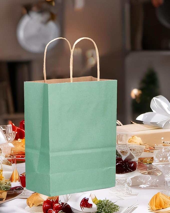 qiqee 100PCS Gift Bag with Handles Bulk Kraft Light Blue Paper Bags Assorted Sizes(33pcs Large 13",33pcs Medium 11",34pcs Small 8")
