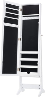 Giantex Jewelry Cabinet with Full-Length Mirror, Standing Jewelry Armoire Organizer with 64 Earring Slots, 72 Ring Slots, 20 Necklace Hooks, 4 Storage Shelves, 3 Angle Adjustable (White)