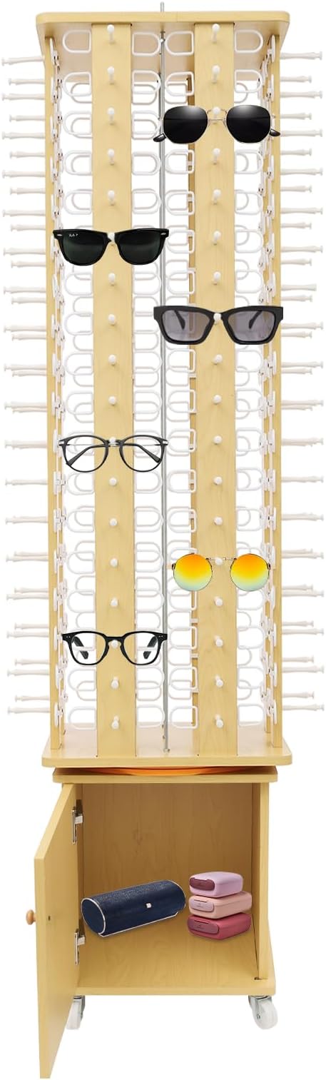 Sunglasses Display Stand, 144 Pairs Wooden 360° Rotating Sunglass Eyeglass Holder Organizer, Glasses Hanger Storage Rack for Retail Commercial Display, W14.6*H66.1in (Wood Color)