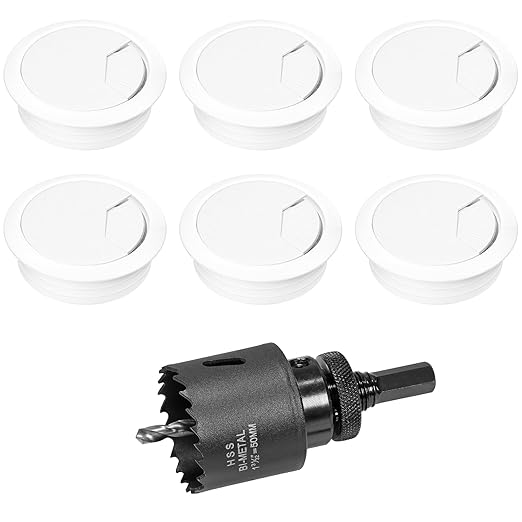 2" Spring Desk Grommet, JTemgle Plastic Cable Hole Cover with Hole Saw Computer Table Cord Wire Organizer Caps Desktop Cord Management for Home Office TV Stands Tabletops - White, 7 Pcs