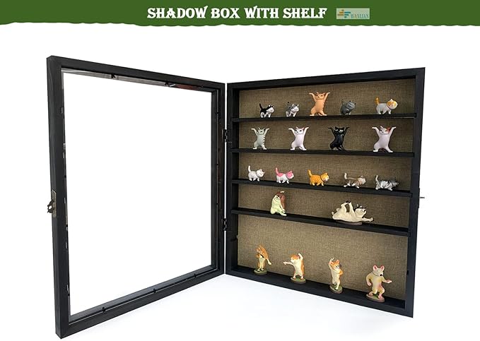 Large Shadow Box with Shelves, 16x20 Wooden Shadow Box Display Cabinet with Acrylic Window ，5 Removable Shelves and Linen Back ，for Displaying Photo Souvenir Collection（Black）
