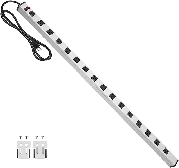 JUNNUJ Long Metal 16 Outlet Power Strip, Wide Spaced Garage Industrial Heavy Duty Power Strip with 25 FT Cord 15A, 125V, 1875W-Silver