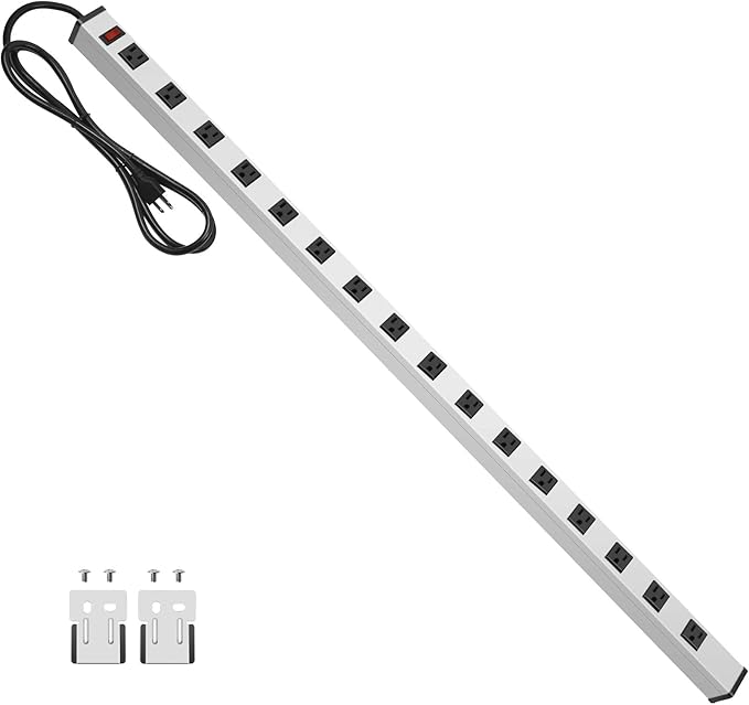 JUNNUJ Long Metal 16 Outlet Power Strip, Wide Spaced Garage Industrial Heavy Duty Power Strip with 15 FT Cord 15A, 125V, 1875W-Silver