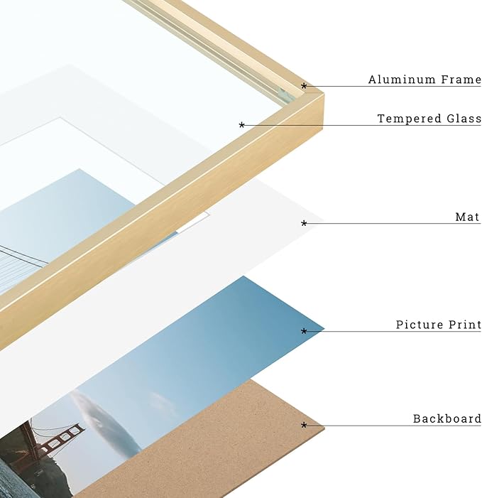 Frametory, 12x12 Metal Picture Frame with Mat for 8x8 Picture & Real Glass, Aluminum Photo Frame Collection (Gold, 1 Pack)