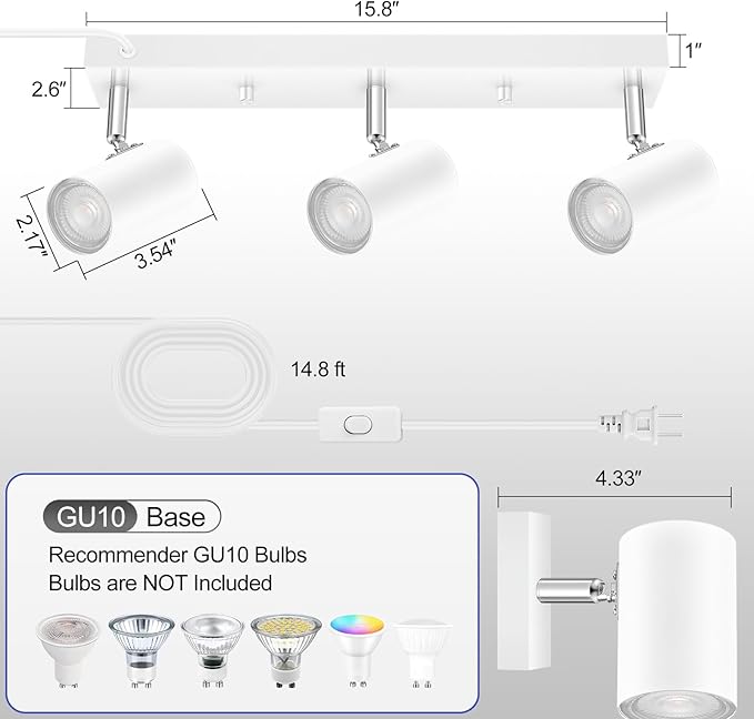 Plug in Track Lighting, 3 Light Ceiling Lighting Kit, White 3 Way Modern Wall Spotlight, 15 FT Cord,Flexibly Rotatable Complete Light Kits for Kitchen Cabinet Gallery Bar Living Room（No Bulb）