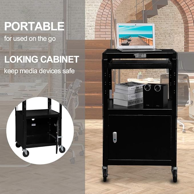 TUFFIOM AV Presentation Cart for Video Projector, Laptop Computer, Mobile Workstation Utility Media Cart for School Classroom Office, Rolling Storage Stand with Locking Cabinet Keyboard Shelf