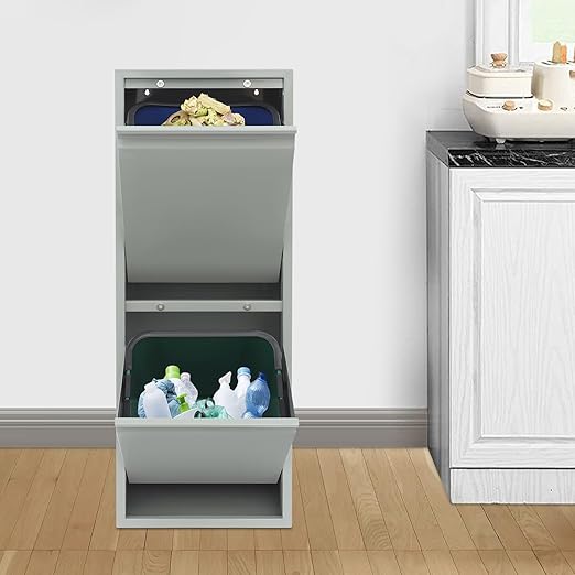 Recycling Trash Cabinet with 2 Bins & Tilt-Out Door – 15-Gallon Stainless Steel Organizer for Kitchen, Garage – Dual Waste Sorting System for Homeowners (Grey)