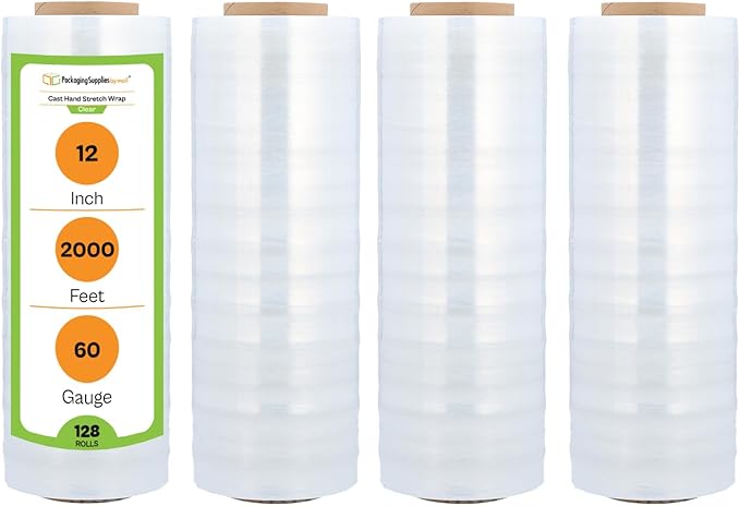 PSBM 128 Rolls 12 Inch x 2000 Feet 60 Gauge Stretch Film/Wrap, Heavy Duty Industrial Strength Clear Shrink Plastic Wrap for Moving, Packing, Shipping, Pallet Wrapping & Storage