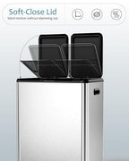 16 Gal (2 x 30 L) Dual Trash Can, Stainless Steel Kitchen Garbage Bin, Recycle Dustbin with Odor Control Box, Soft-Close Lid, Inner Buckets, Side Handle, Step Pedal, for Home Office
