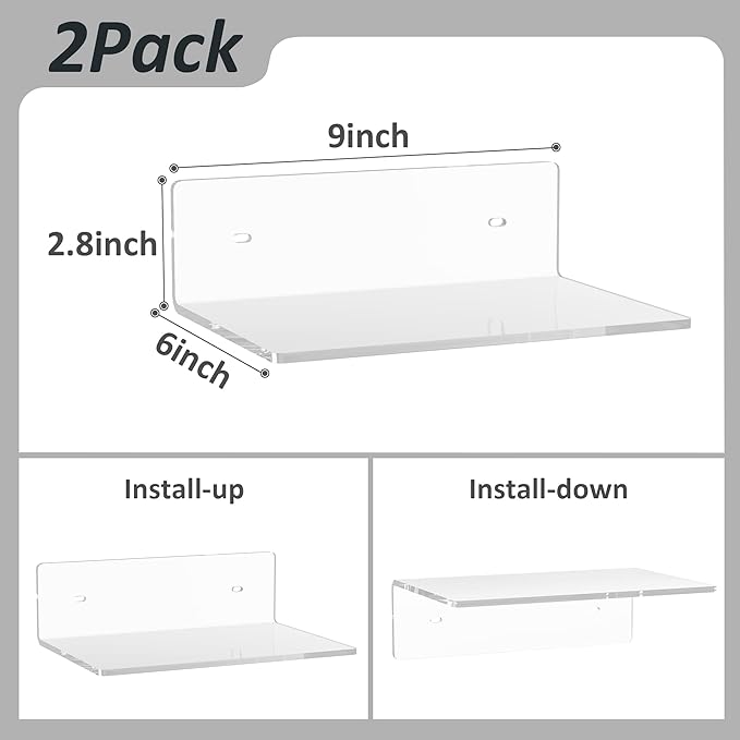 9 Inches Acrylic Wall Shelves 2 Pack, Floating Shelf for Wall Mounting, Acrylic Display Ledges for Funko Pop Figures, Home Décor, Living Room, Gaming Room, Plants(9 inch, Clear)