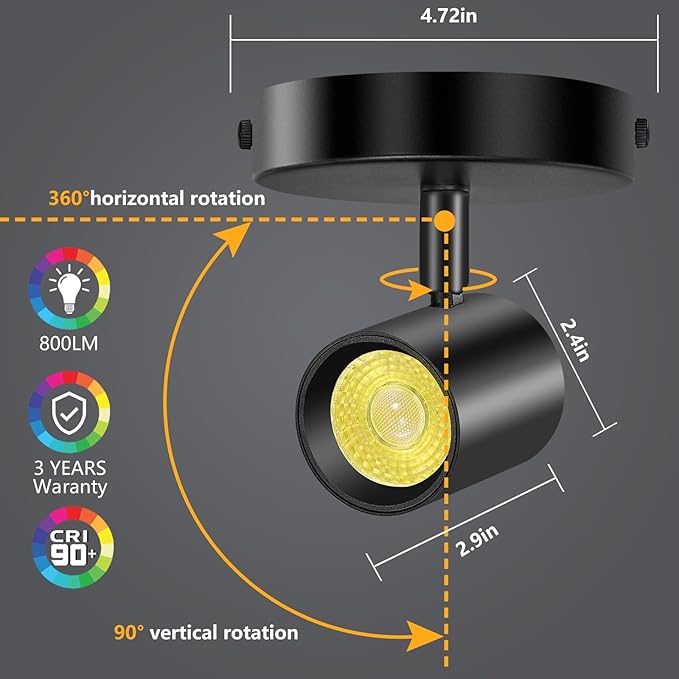 VANoopee 5-Color Dimmable Ceiling Spotlight Flush Mount Adjustable Directional LED Spot Lights Indoor Bright Accent Fixture for Art Picture Living Room - CRI90 24° Flicker Free 10W 800lm Black 2 Pack