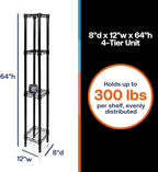 Shelving Inc. 8" d x 12" w x 64" h Black Wire Shelving with 4 Tier Shelves, Weight Capacity 300lbs Per Shelf