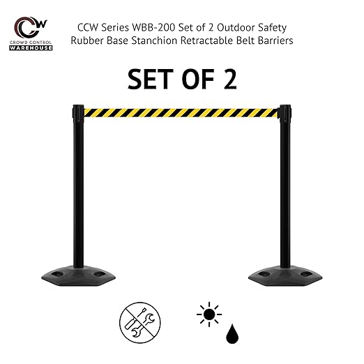 CCW Series WBB-200 Set of 2 Outdoor Safety Rubber Base Stanchion Retractable Belt Barriers - Easy to Assemble, No Tools Required (11 Foot Belt, Black and Yellow Diagonal Belt with Yellow Post)