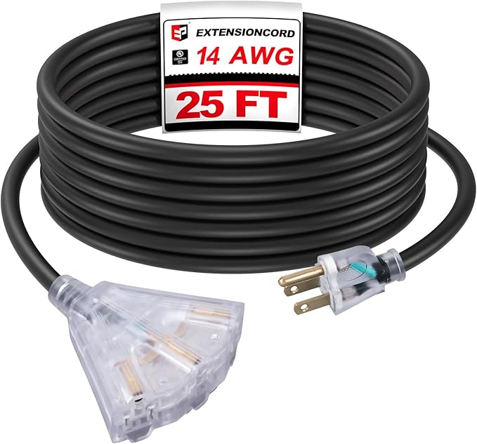 EP 25 Ft Lighted Outdoor Extension Cord with 3 Electrical Power Outlets - 14/3 SJTW Heavy Duty Black Extension Cable with 3 Prong Grounded Plug - Power Cord for Lawn, Garden, Appliances