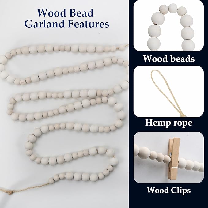 Hanging Photo Display Wall Decor with 15 Wood Clips, YuanDe 67 Inches Boho Wooden Bead Garland Collage Picture Frame Photos String DIY, Photo Hanger for Bedroom Office Dorm Room Decor Gifts(1PCS)