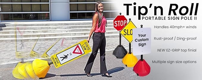 Tip-n-Roll Portable Pole 2 Sign Holder | 18"w x 12"h Wheeled Base | Blue base | 60”h Pole (PP2-BL60P)