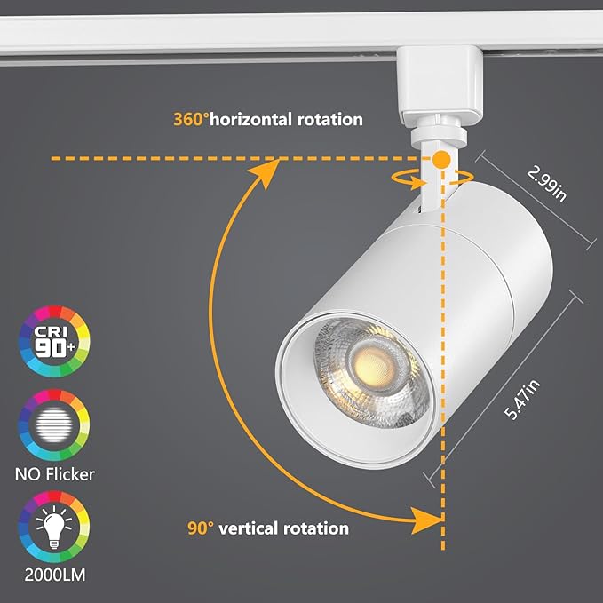VANoopee 3-Color 20W H Track Lighting Heads Dimmable No Flicker Bright LED Track Lighting Fixtures for Accent Task Retail Kitchen Ceiling Track Light H Type Pack of 4 - CRI90+ 36° 2000lm White
