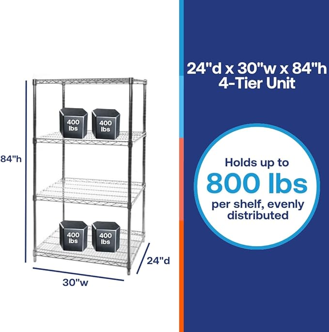 Shelving Inc. 24" d x 30" w x 84" h Chrome Wire Shelving with 4 Tier Shelves, Weight Capacity 800lbs Per Shelf