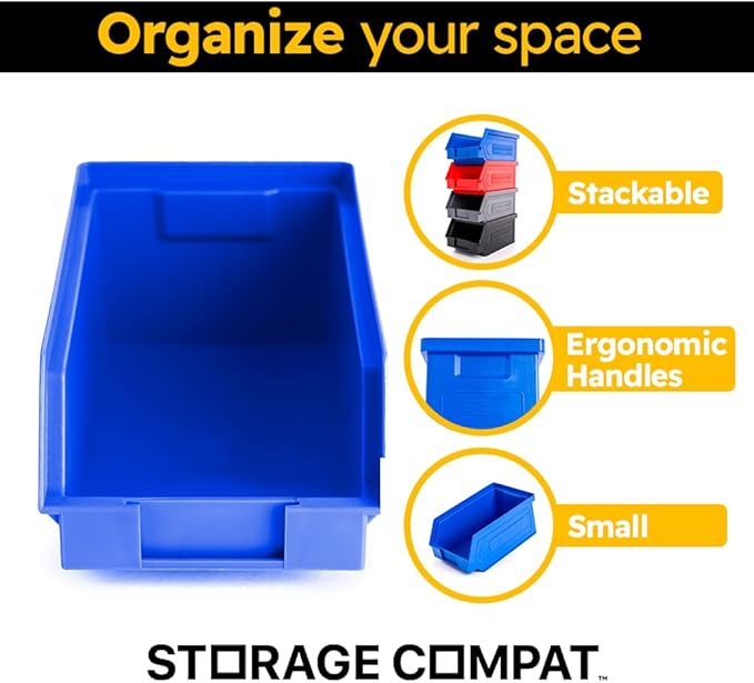 Plastic Storage Bins, Hanging, Stackable, Storage Organizer Bin for Warehouses, Workshops 7-Inch x 4-Inch x 3-Inch (Blue, 6-Pack)