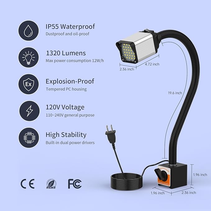 28LEDs Magnetic Light, 1320 Lumen 120v Flexible Gooseneck Work Light with Adjustable Magnetic Base for CNC MlilingDrill Press Sewing Machine Industrial Lighting, 12w