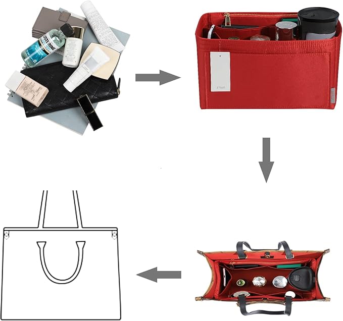 ZTUJO Purse Organizer Insert For Handbags, Silky Touching Bag Organizer Insert With Bottle Holder, Perfect for Speedy, Neverfull, Tote,ONTHEGO,Artsy,Handbag and More (Slender Medium, Silky Red)
