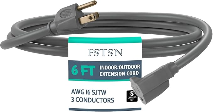 6 Ft Heavy Duty Indoor Outdoor Extension Cord - 16/3 SJTW Waterproof Power Cable with 3 Prong Grounded Plug, Grey - Durable, Weather Resistant, for Home, Garden, and Worksite Use.