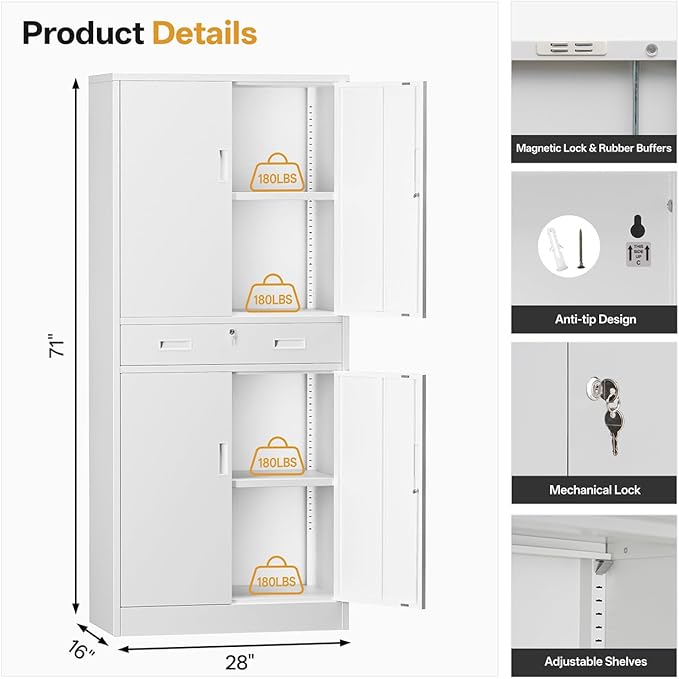 Metal Storage with 1 Drawer, 71" Cabinet with 4 Locking Doors and 2 Adjustable Shelves, Steel Storage File Cabinet for Pantry, Kitchen, Office, Garage (White)
