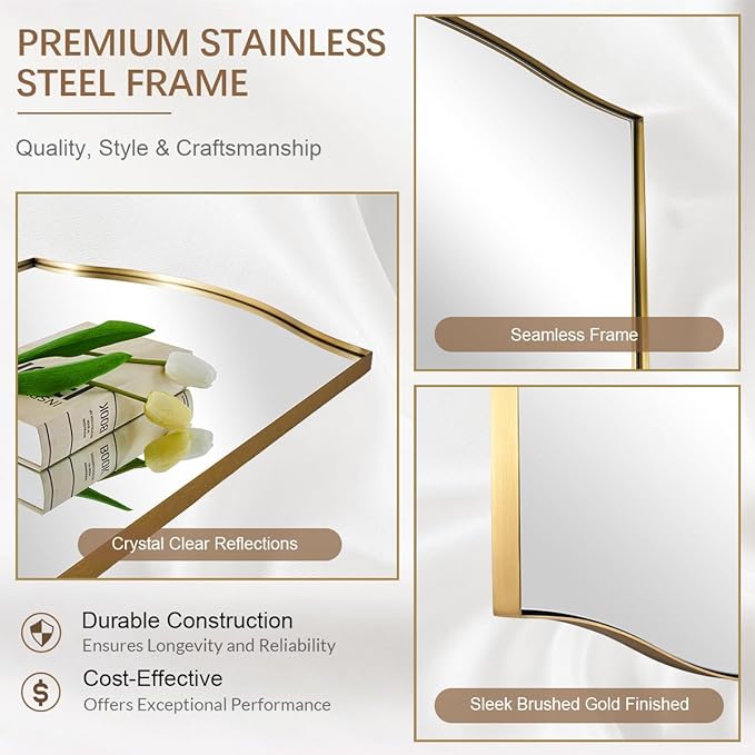 ANDY STAR 30"x40" Scalloped Wall Mirror, Brushed Gold Rectangle Bathroom Mirror with Curved Edge Stainless Steel Metal Frame, Large Wall-Mounted Mirror for Bathroom, Entryway (Horizontal/Vertical)