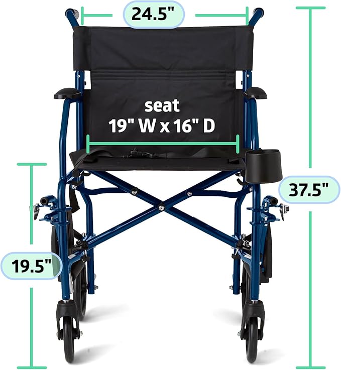 Medline Ultra Lightweight Transport Wheelchair for Adults, Foldable, 19-Inch Seat Width, Blue Frame, Black Upholstery