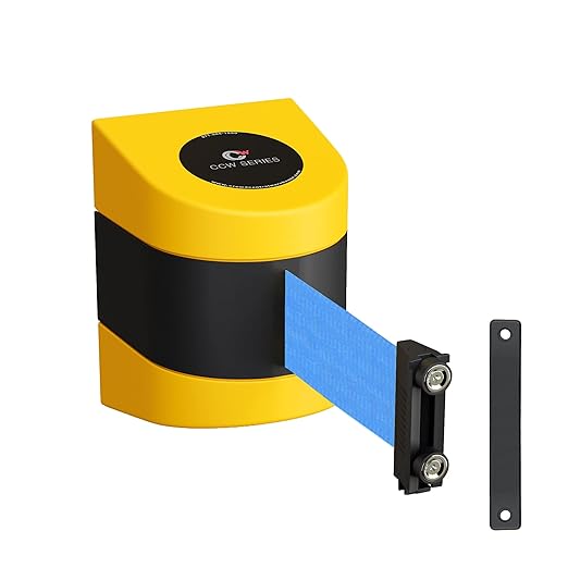 Crowd Control Warehouse - CCW Series WMB-230 Magnetic Wall Mount Retractable Belt Barrier - 30 Foot Belt, Light Blue Belt with Yellow ABS Case