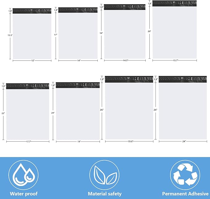 50Pack 19.6x26" White Poly Mailers - Safe for E-Commerce Shipping & Clothing Packaging