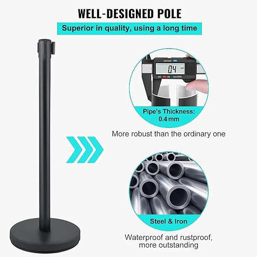 Crowd Control Stanchions, Stanchion Queue Post with Retractable Belts 6.5Ft, Easy Assembly, Crowd Control Barriers, Height 36 Inches, for Crowd Control Barriers, Pack of 2, Black