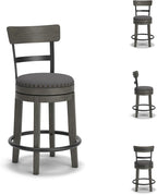 Signature Design by Ashley Caitbrook | Farmhouse Swivel 24" Counter Height Barstool – 360° Swivel, Upholstered with Nailhead Trim, Metal & Wood Frame, Gray