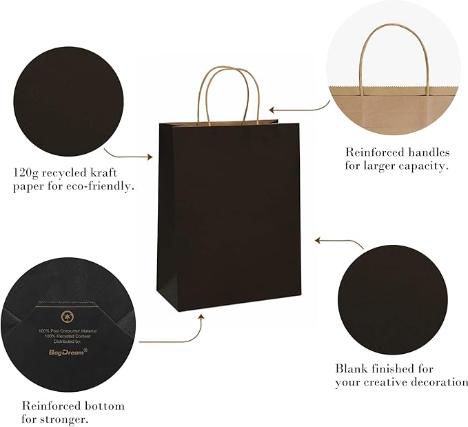 BagDream 13x7x17 Gift Bags 50ct Paper Party Favor Gift Bags, Shopping Retail Merchandise Bags, Recycled Black Kraft Paper Bags with Handles Bulk