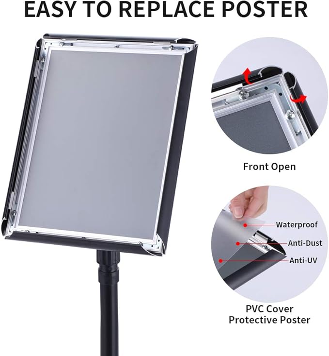 11x17 Inch Pedestal Standing Sign Holder Stand Poster Stand , Black Adjustable Floor Standing Sign Holder with Aluminum Snap Open Frame for Vertical/Horizontal Sign Display