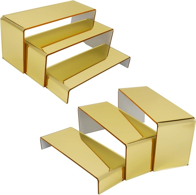 Acrylic Display Risers 2 Sets 3 Tier Cupcake Stand for Dessert Jewelry Pop Figures Shelves Retail Shoe Showcase (Gold)