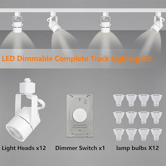 12PCS Dimmable LED White Track Lighting Heads (No Track Rails) with Dedicated Dimmer,Replaceable GU10 Bulbs,Switchable 3CCT Ceiling Spotlight Fixtures for Accent Lighting for Home,Store & Mobile Cart