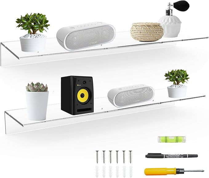 24 Inches Clear Floating Shelves for Wall, Acrylic Long Wall Shelf, Wall Mounted Shelves for Plants, Speaker, Radio, Funko Pop, Stuffed Animal, Books, Cosmetics, Toiletries, 2 Pack (24 Inch)