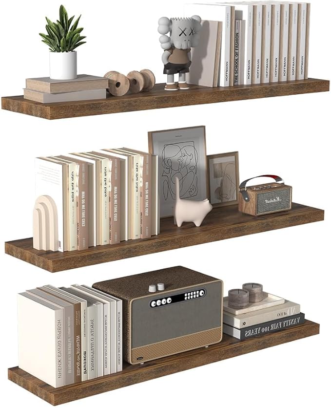 12 Inch Deep Floating Shelves for Wall 3 Pack Floating Shelfs Large Storage Space Wall Decor Display Shelf for Bathroom Living Room Bedroom Kitchen 48" W x 12" D x 1.2" H Rustic Brown