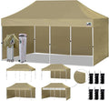 Eurmax USA 10'x20' Pop-up Canopy Tent Commercial Instant Canopies with 4 Removable Zipper End Side Walls and Roller Bag, Bonus 6 SandBags(Khaki)